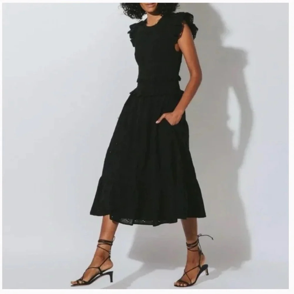 Cleobella Ruffle Sleeve Smocked Eyelet Midi Black Dress Size Medium GUC